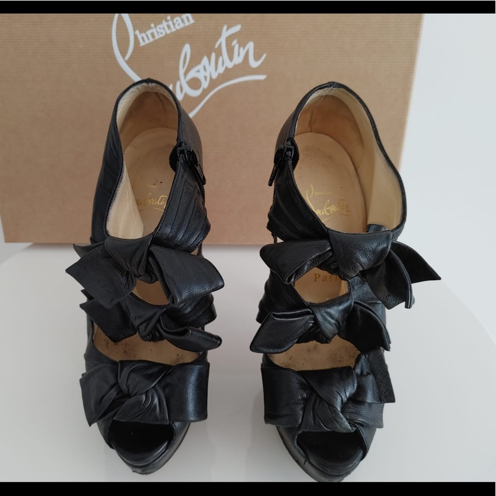 Christian Louboutin Black Leather Bow Ankle Boots - Picture 7 of 7